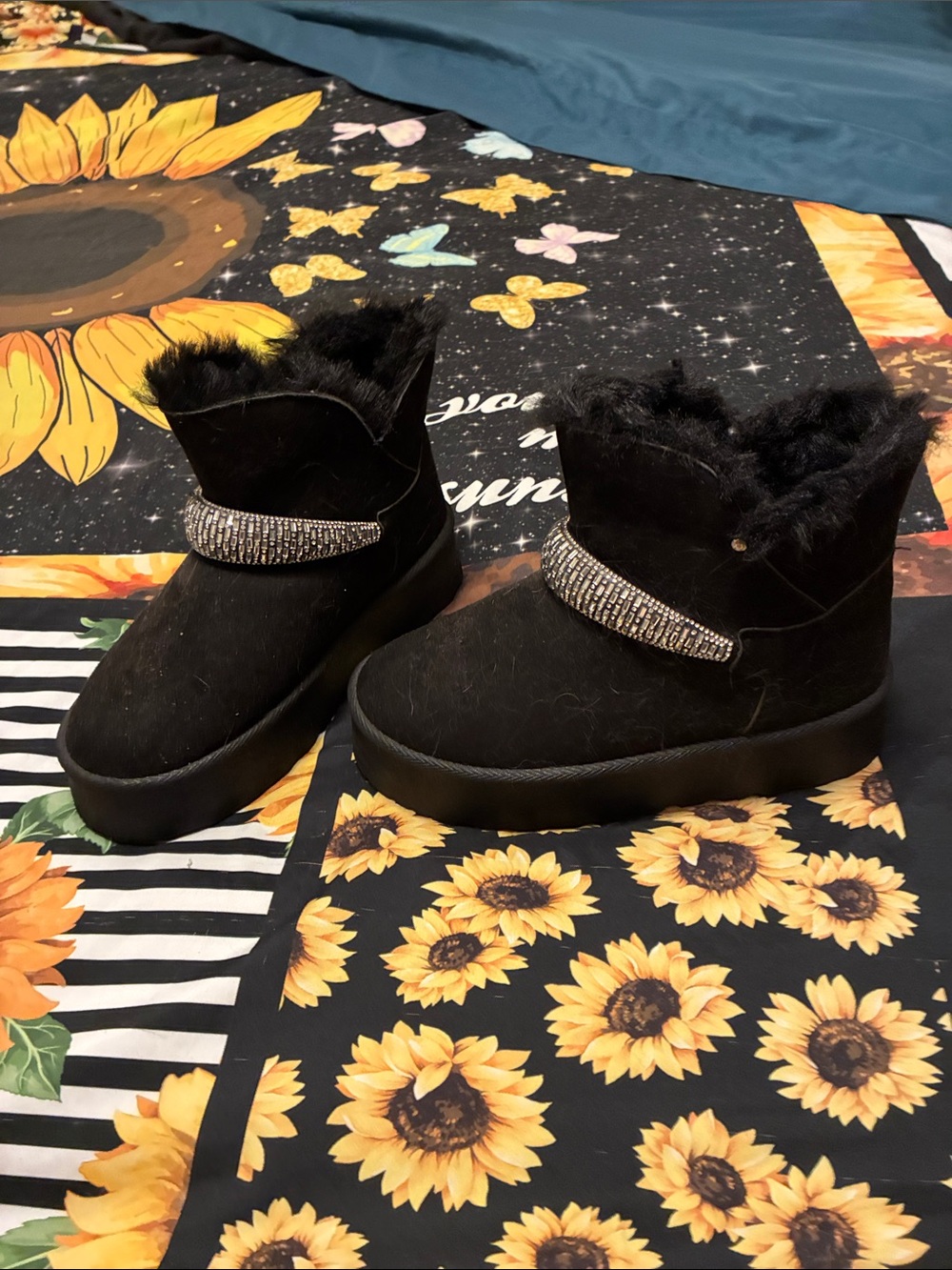 Black Faux Fur Platform Ankle Boots with Crystal Accent